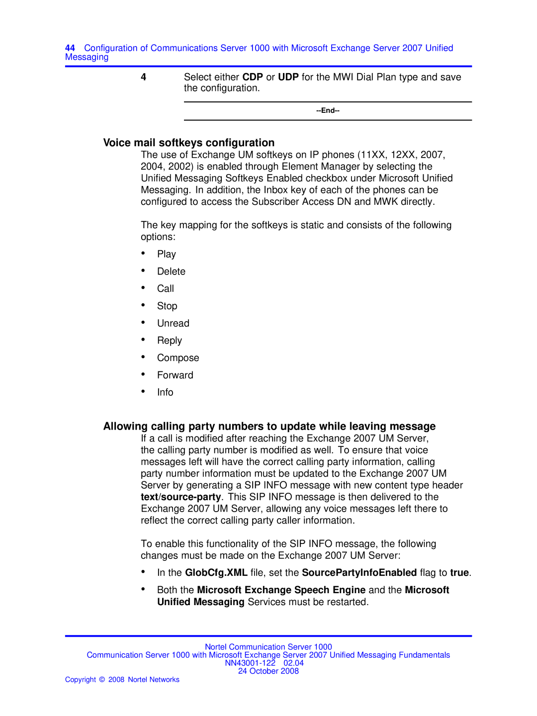 Nortel Networks NN43001-122 manual Voice mail softkeys conﬁguration 