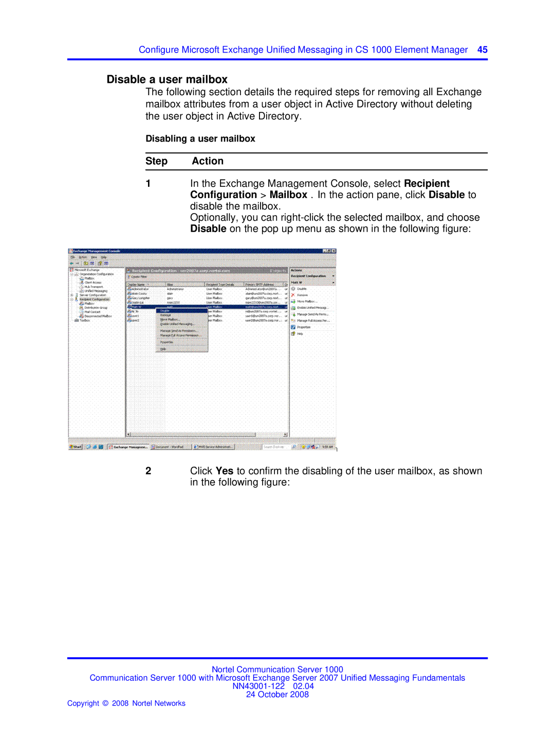 Nortel Networks NN43001-122 manual Disable a user mailbox 