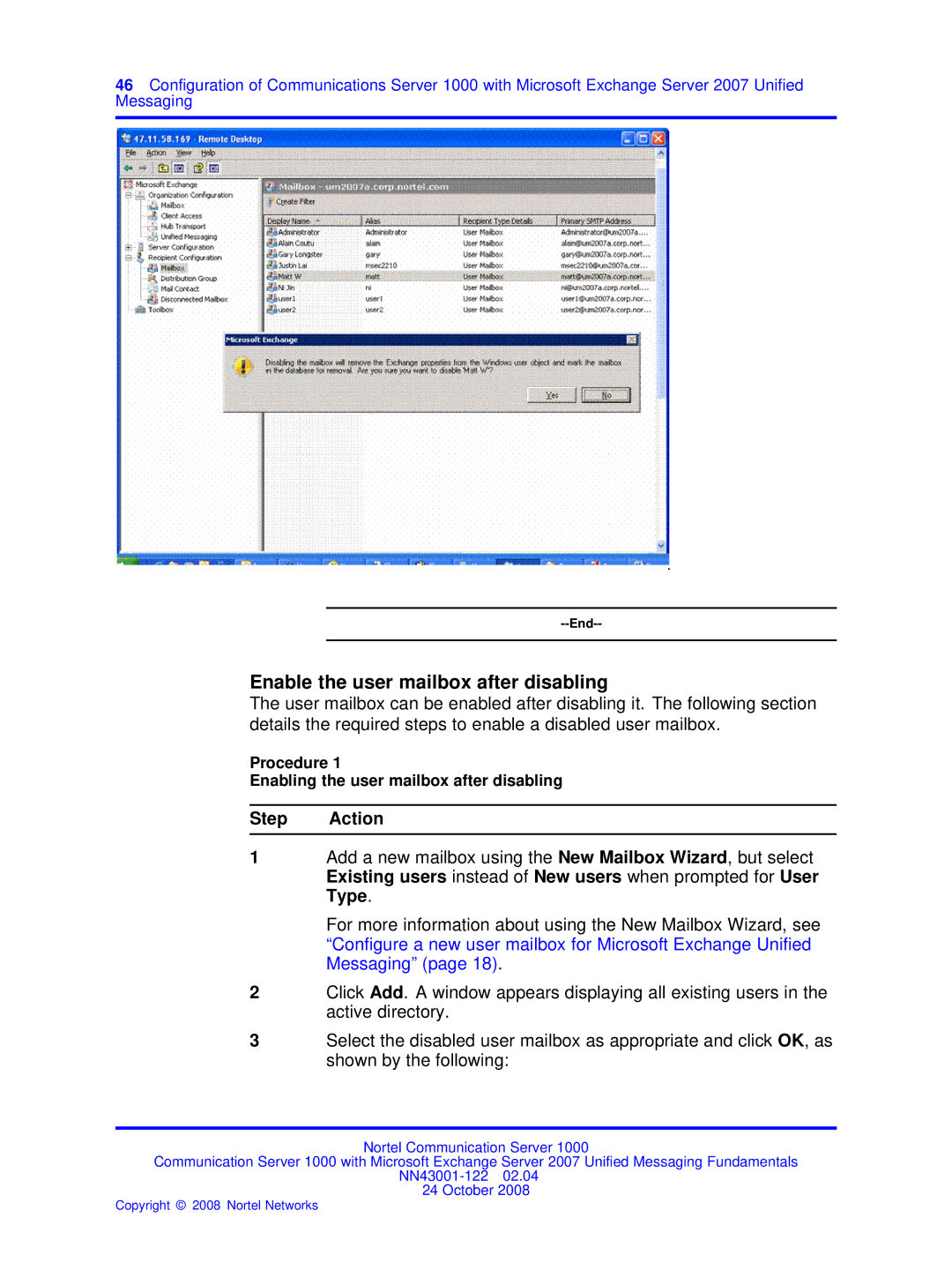 Nortel Networks NN43001-122 manual Enable the user mailbox after disabling 