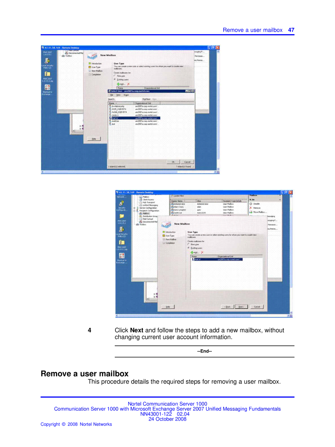 Nortel Networks NN43001-122 manual Remove a user mailbox 