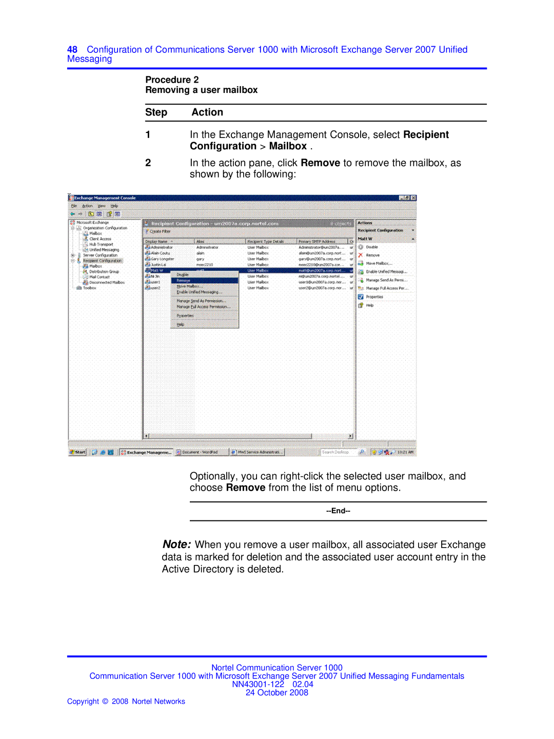 Nortel Networks NN43001-122 manual Procedure Removing a user mailbox 