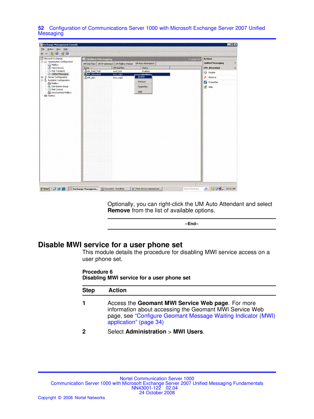 Nortel Networks NN43001-122 manual Disable MWI service for a user phone set 