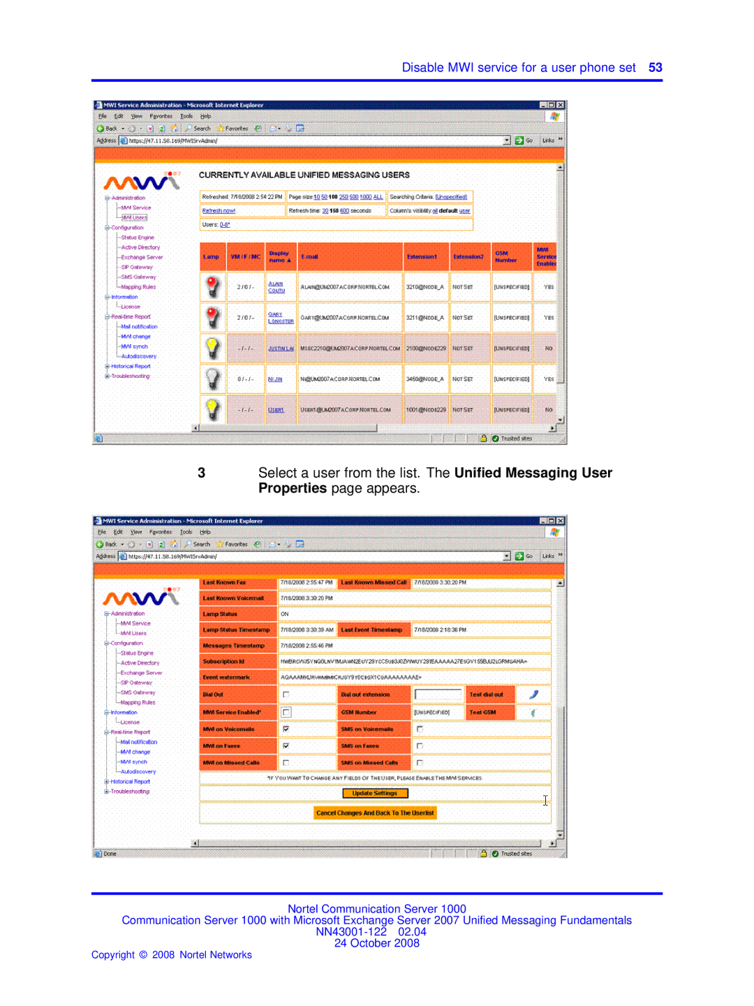 Nortel Networks NN43001-122 manual Disable MWI service for a user phone set 