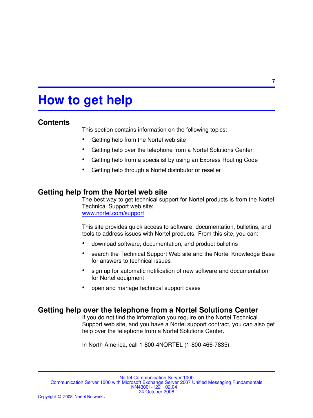 Nortel Networks NN43001-122 manual Contents, Getting help from the Nortel web site 