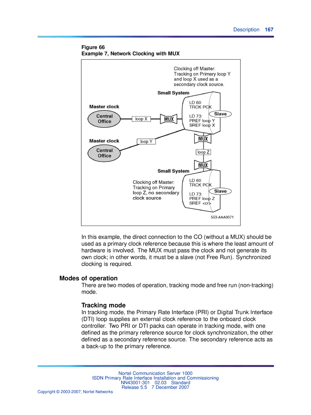 Nortel Networks NN43001-301 manual Modes of operation, Example 7, Network Clocking with MUX 