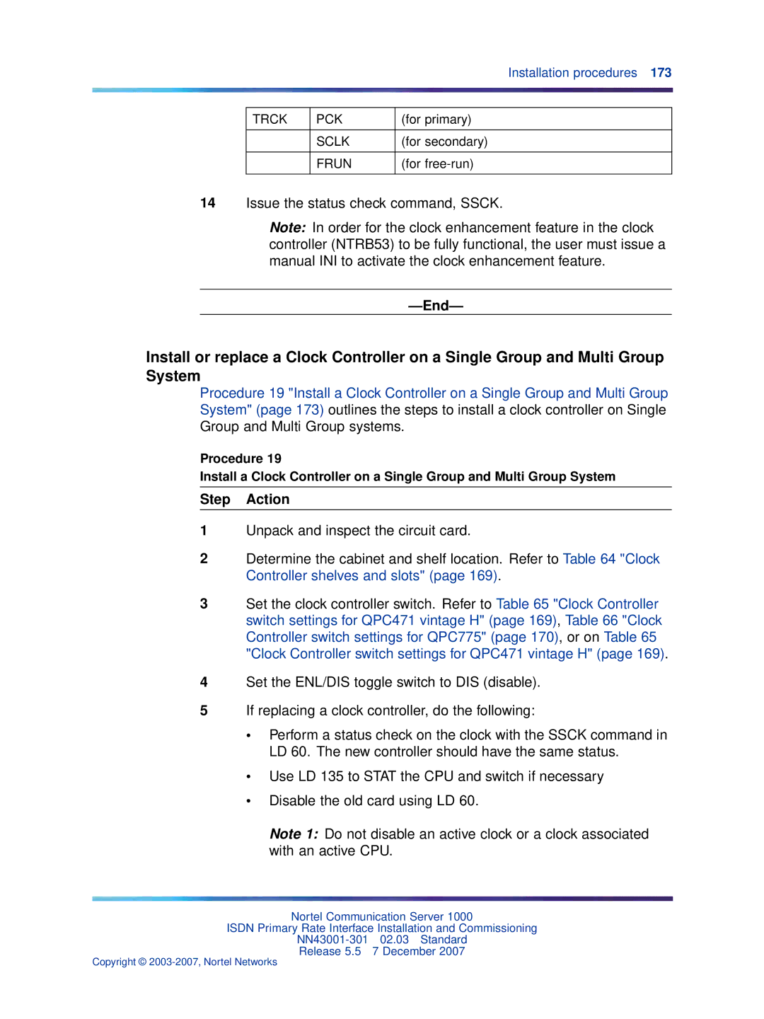 Nortel Networks NN43001-301 manual Trck PCK, For primary, For secondary, Frun, For free-run 