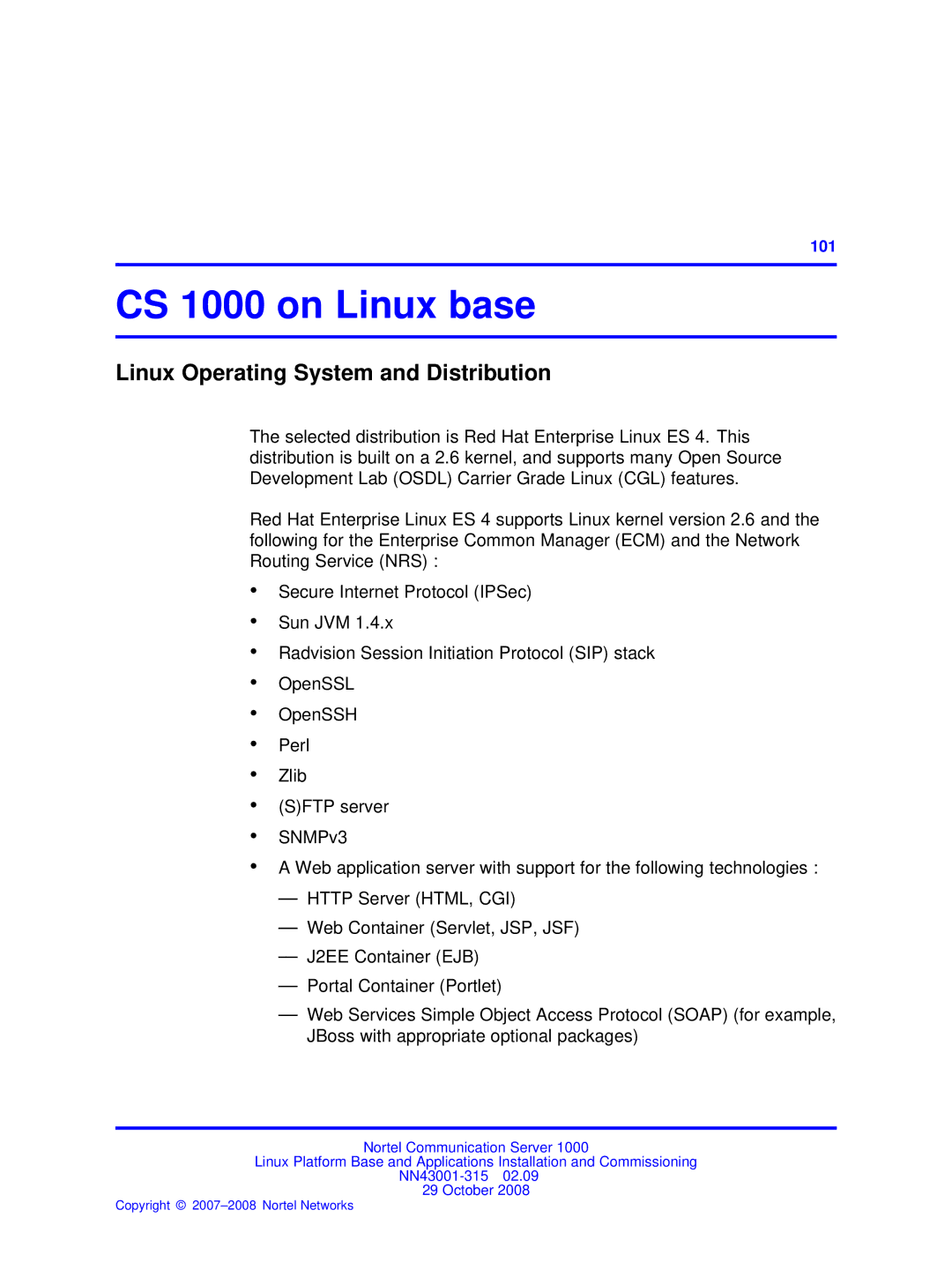 Nortel Networks NN43001-315 manual CS 1000 on Linux base, Linux Operating System and Distribution 