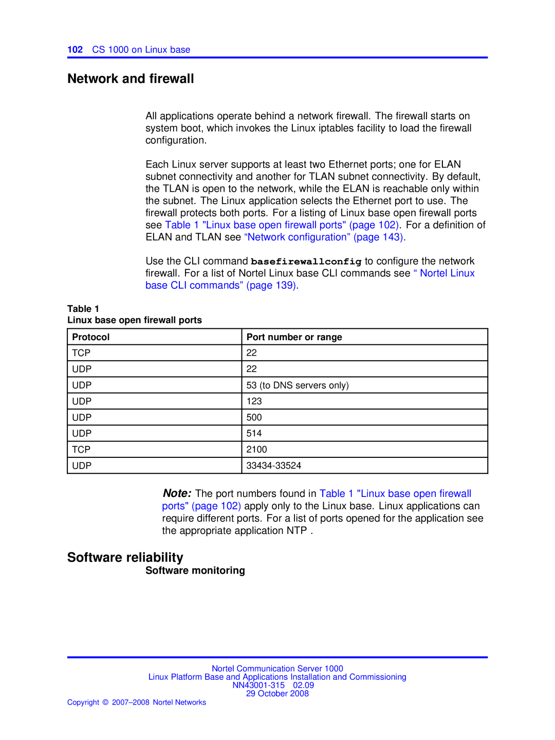 Nortel Networks NN43001-315 manual Network and ﬁrewall, Software reliability 