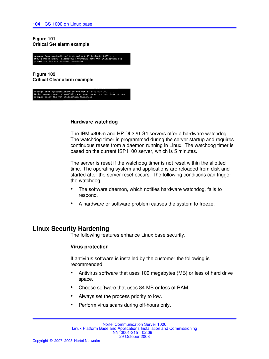 Nortel Networks NN43001-315 manual Linux Security Hardening, Critical Set alarm example Critical Clear alarm example 