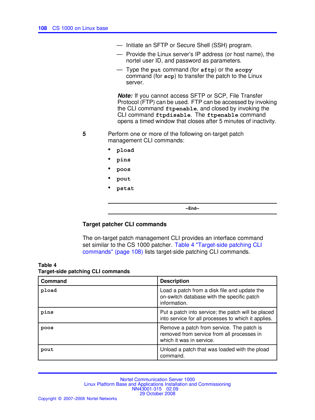 Nortel Networks NN43001-315 manual Pload Pins Poos Pout Pstat, Target-side patching CLI commands Command Description 