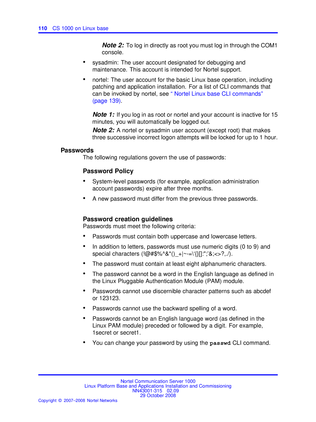 Nortel Networks NN43001-315 manual Passwords 