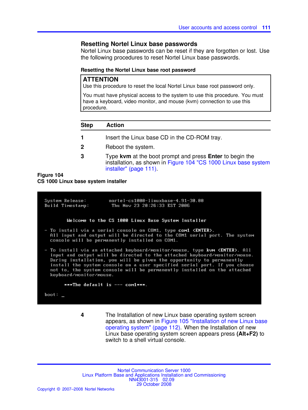 Nortel Networks NN43001-315 manual Resetting Nortel Linux base passwords, Resetting the Nortel Linux base root password 