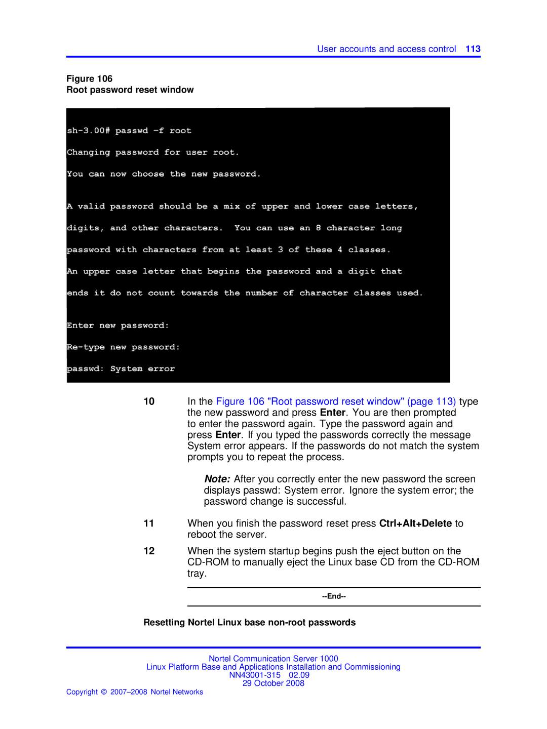 Nortel Networks NN43001-315 manual Root password reset window, Resetting Nortel Linux base non-root passwords 