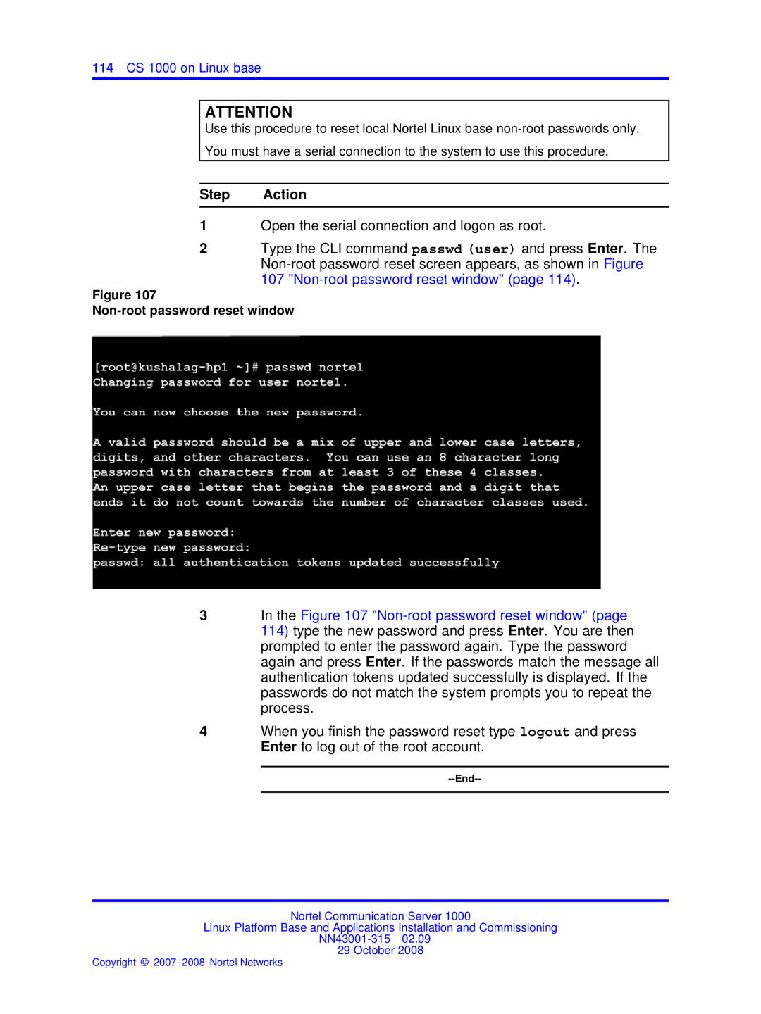 Nortel Networks NN43001-315 manual 114 CS 1000 on Linux base, Non-root password reset window 