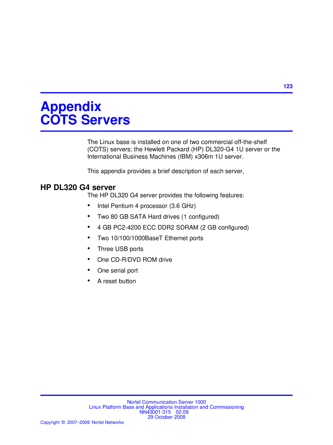 Nortel Networks NN43001-315 manual Appendix Cots Servers, HP DL320 G4 server 