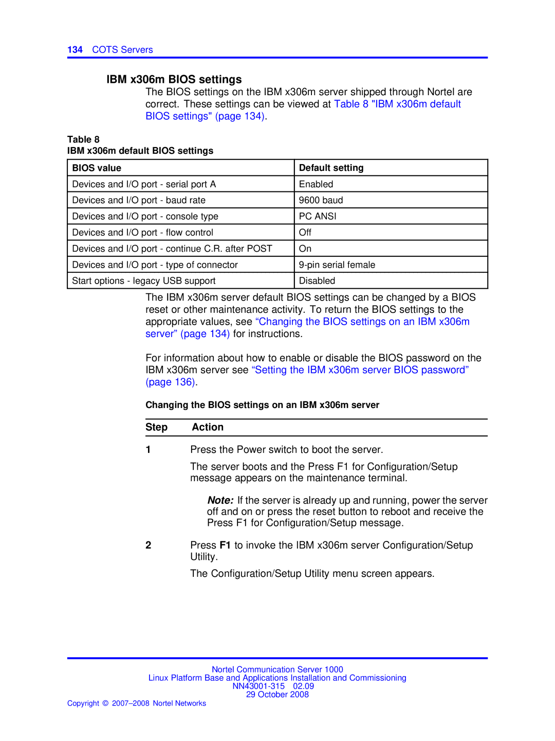 Nortel Networks NN43001-315 manual IBM x306m default Bios settings Bios value Default setting 