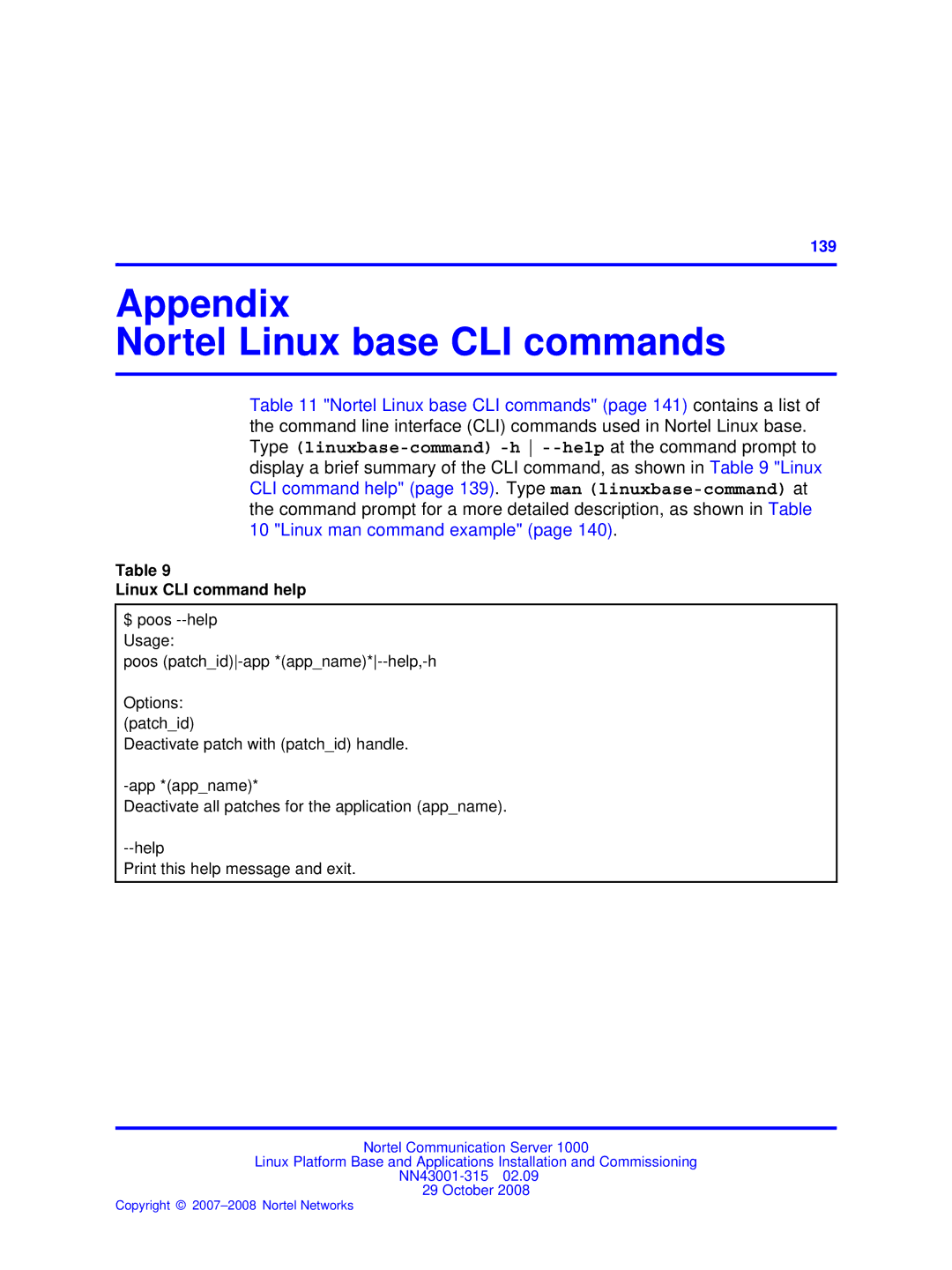 Nortel Networks NN43001-315 manual Appendix Nortel Linux base CLI commands, Linux CLI command help 