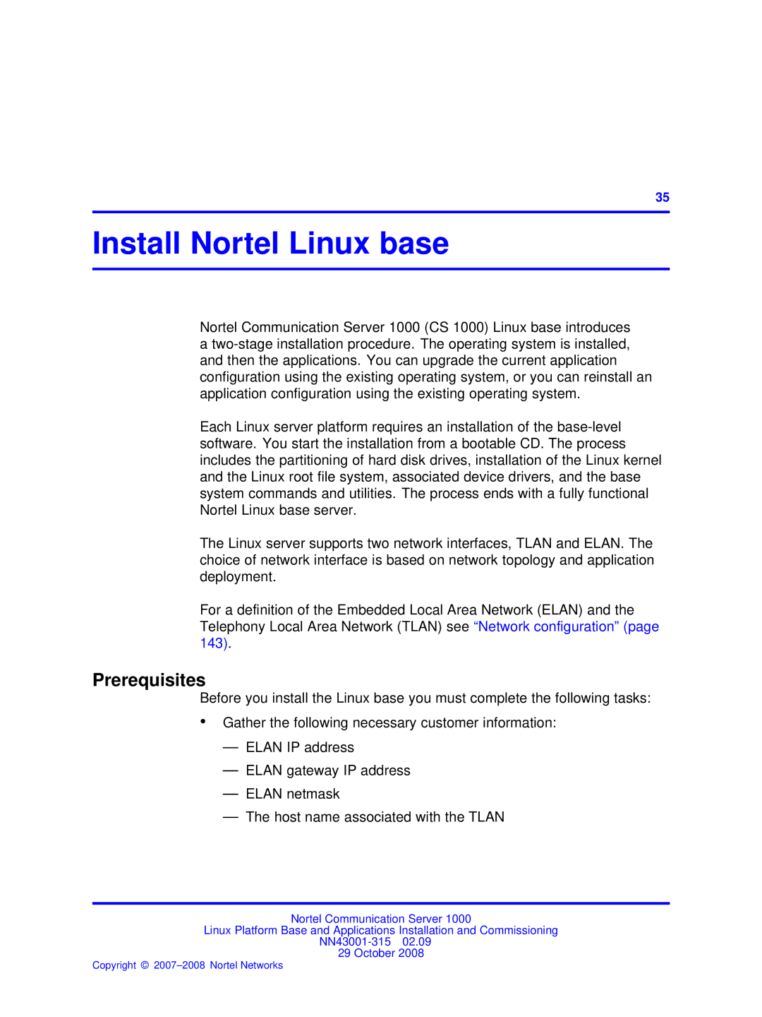 Nortel Networks NN43001-315 manual Install Nortel Linux base, Prerequisites 