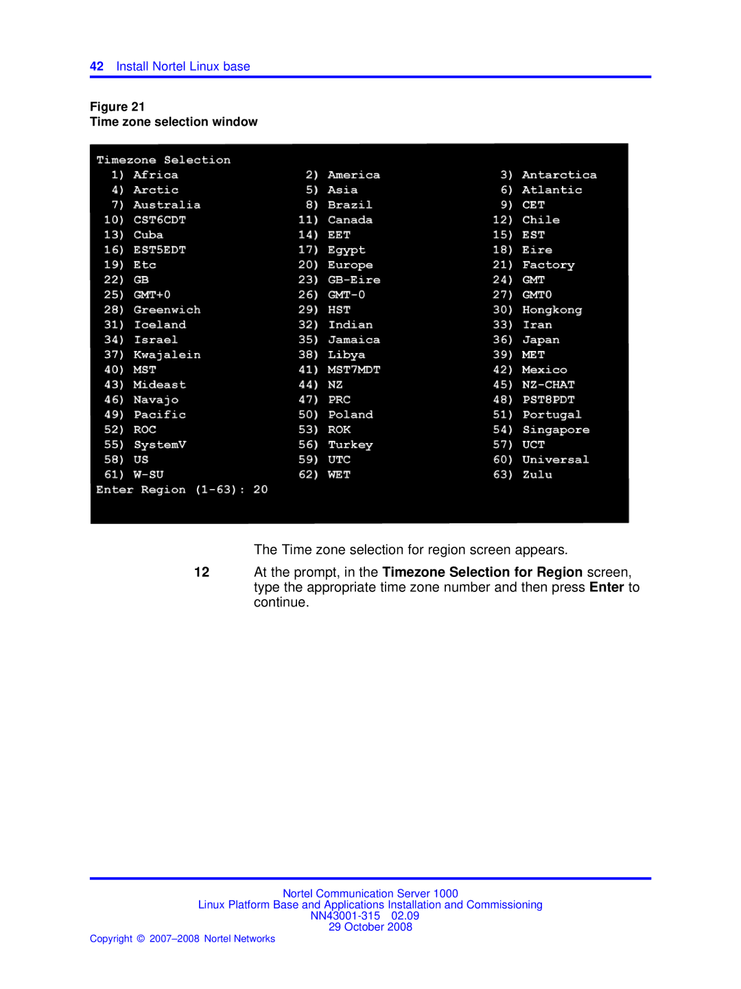 Nortel Networks NN43001-315 manual Time zone selection window 