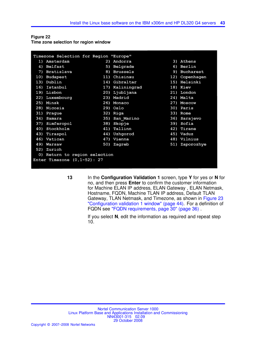 Nortel Networks NN43001-315 manual Time zone selection for region window 