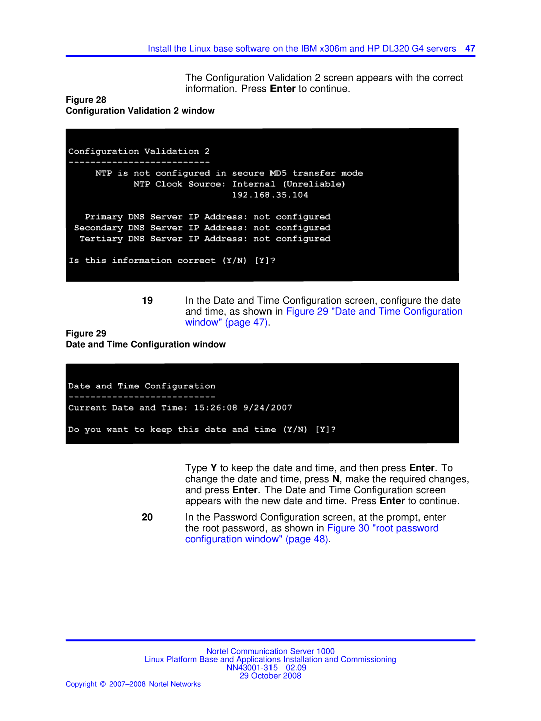 Nortel Networks NN43001-315 manual Configuration Validation 2 window, Date and Time Configuration window 