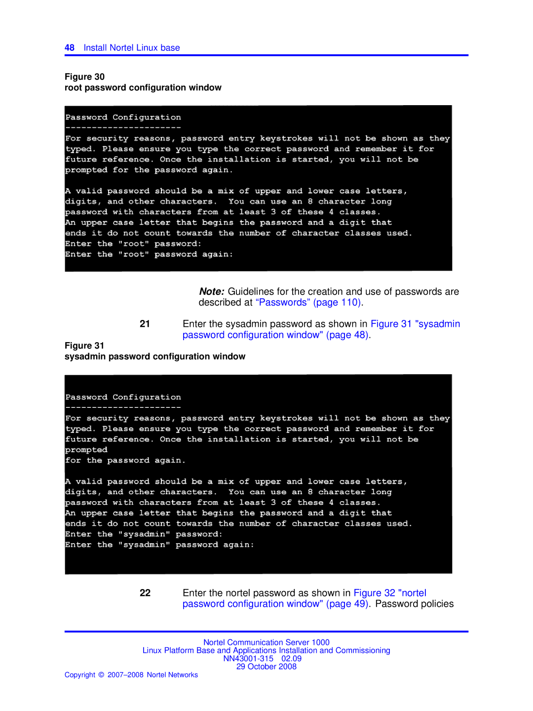 Nortel Networks NN43001-315 manual Root password configuration window, Sysadmin password configuration window 