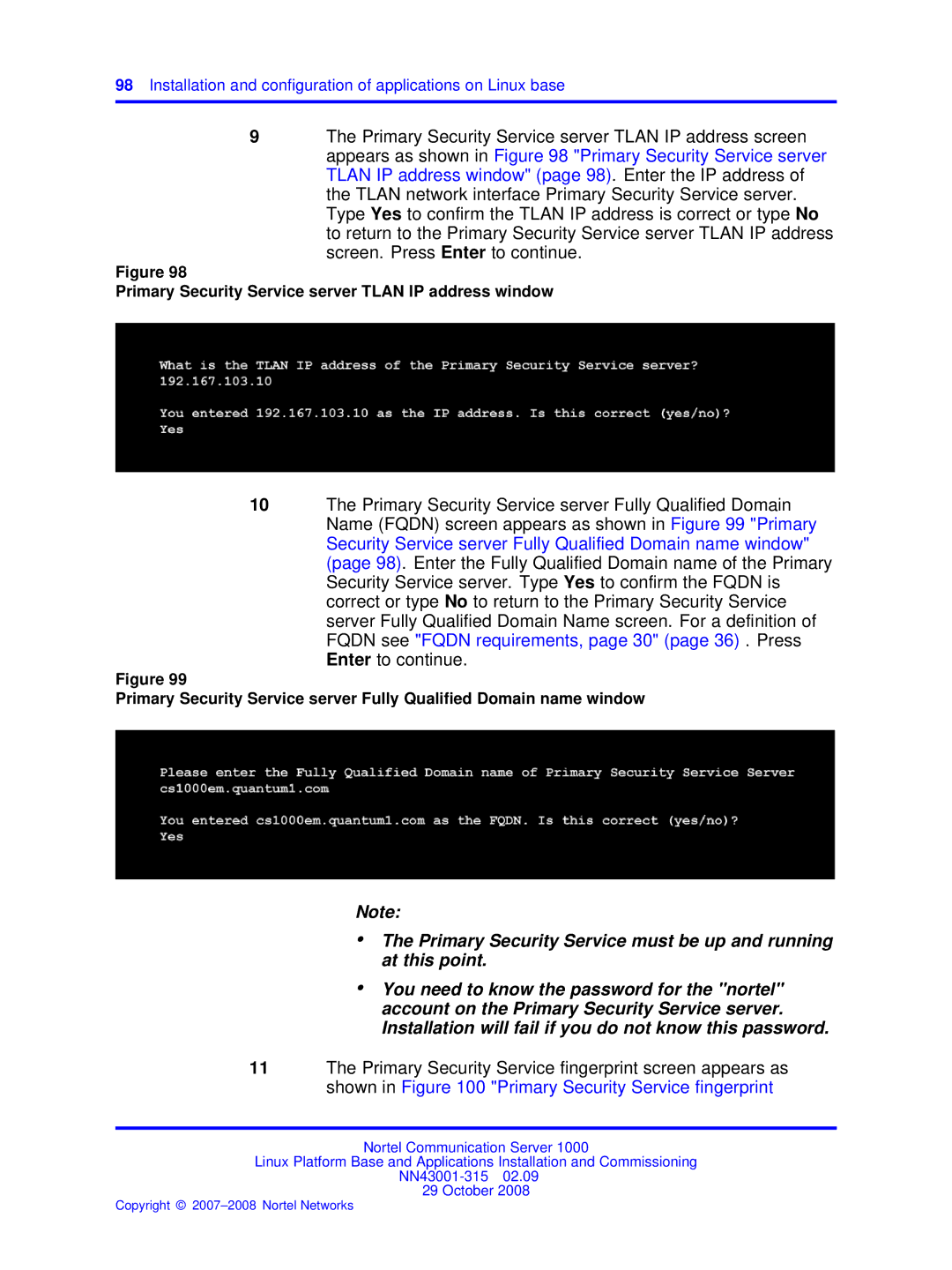 Nortel Networks NN43001-315 manual Primary Security Service server Tlan IP address window 