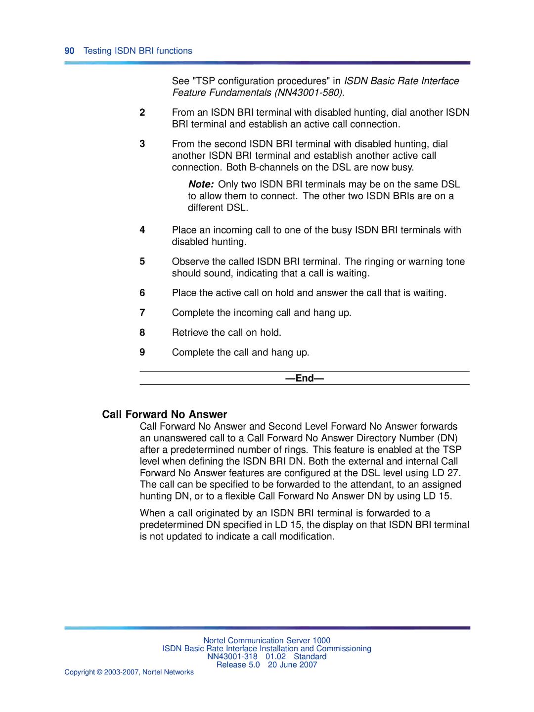 Nortel Networks NN43001-318 manual Call Forward No Answer, Feature Fundamentals NN43001-580 