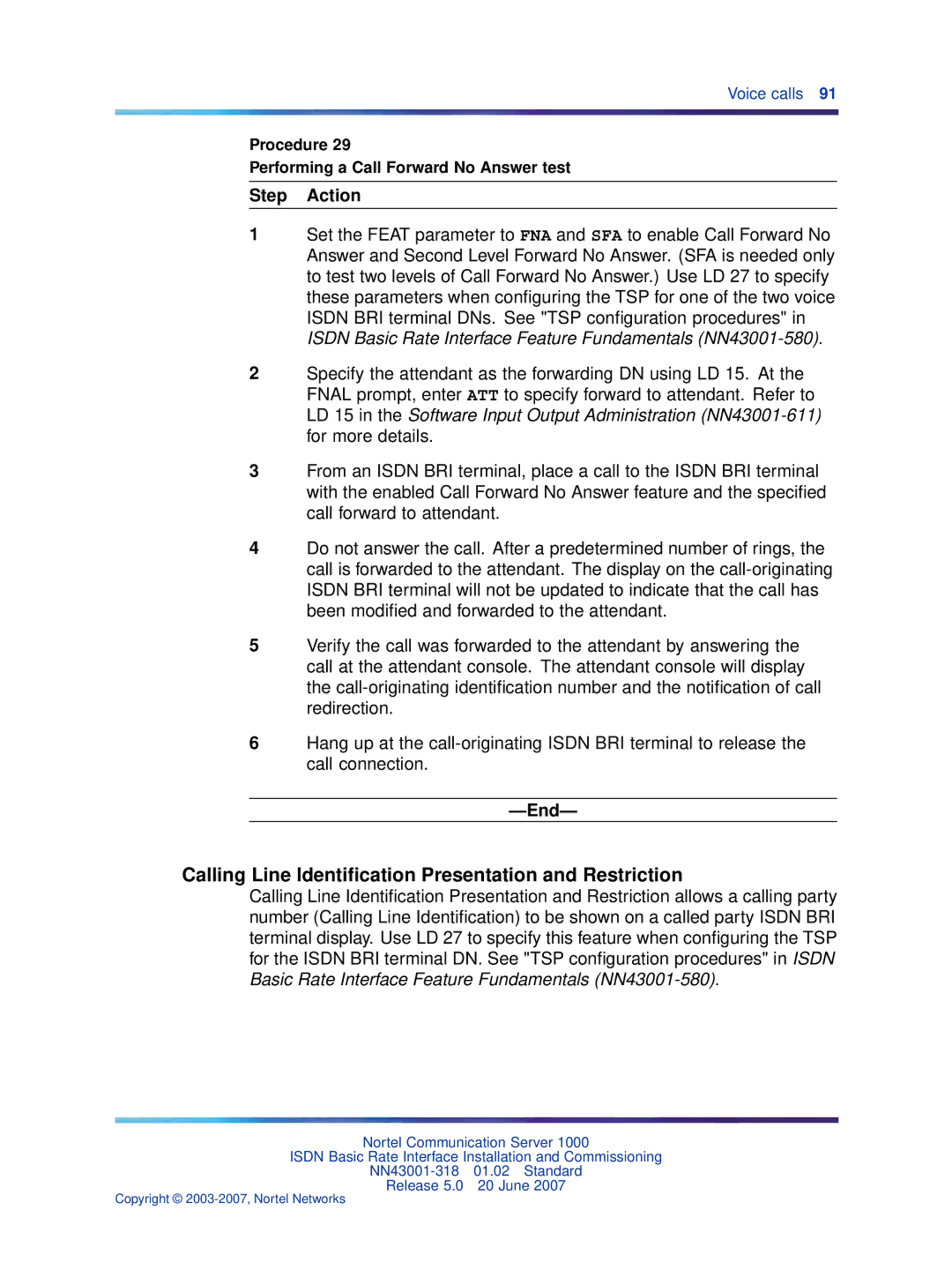 Nortel Networks NN43001-318 manual Calling Line Identiﬁcation Presentation and Restriction 