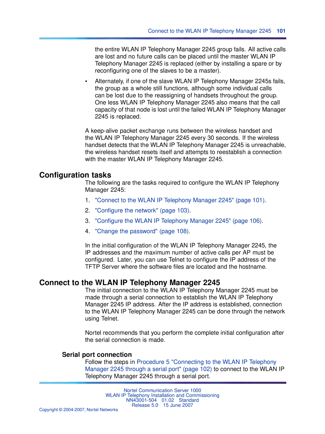 Nortel Networks NN43001-504 manual Conﬁguration tasks, Connect to the Wlan IP Telephony Manager, Serial port connection 