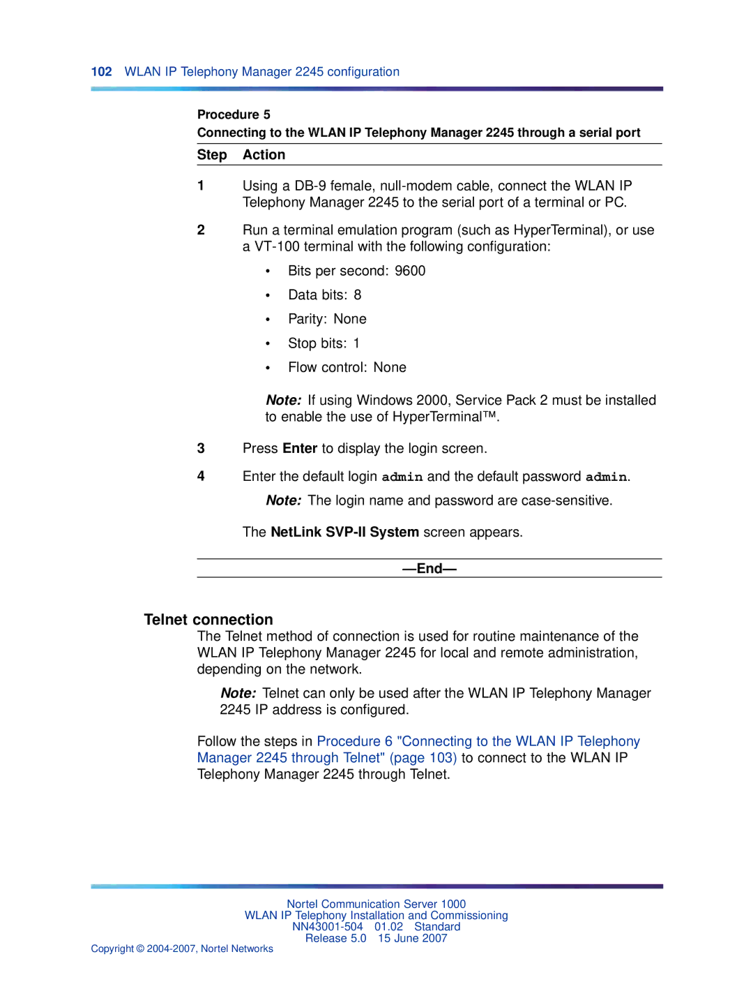 Nortel Networks NN43001-504 manual Telnet connection 