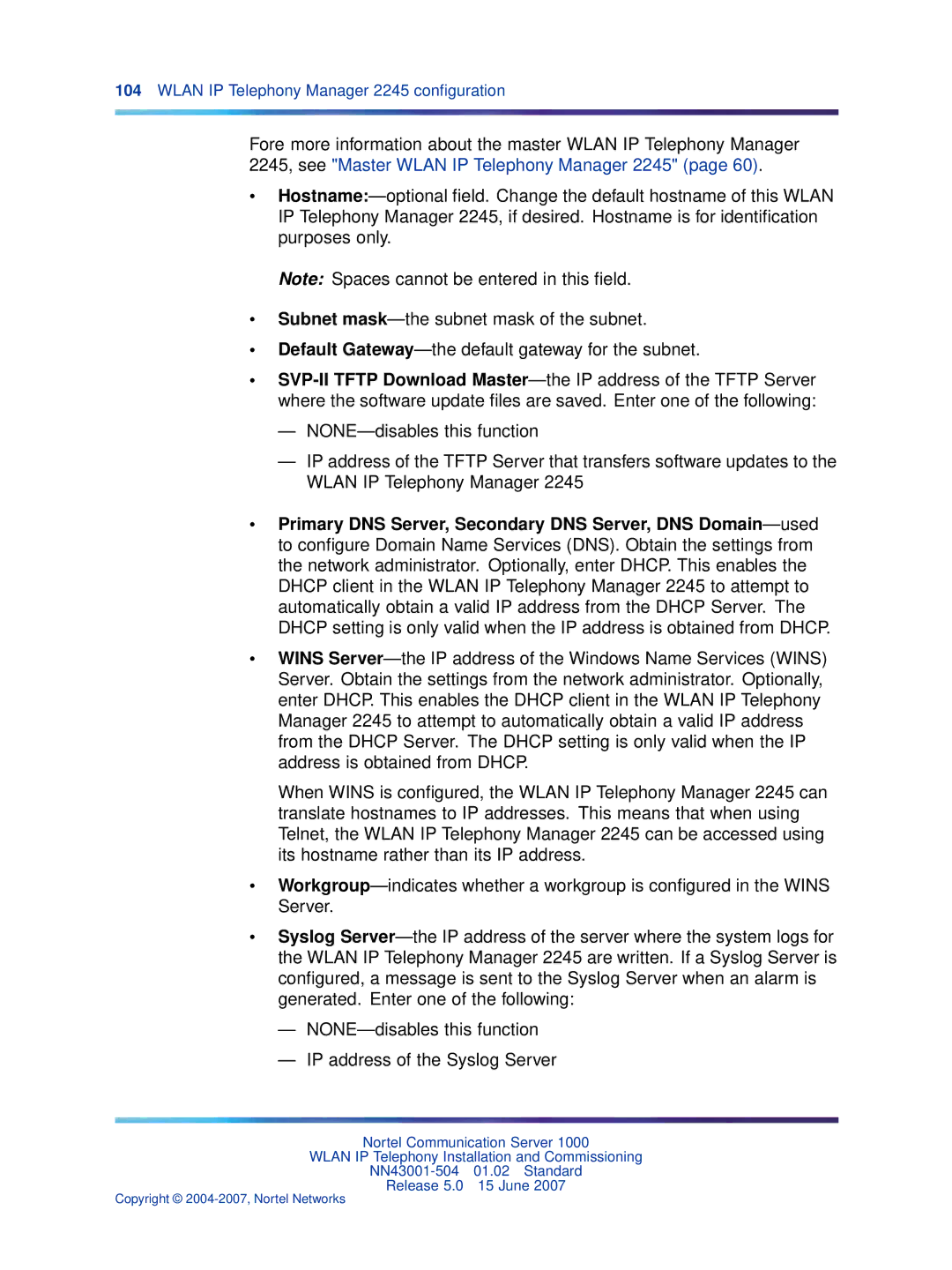 Nortel Networks NN43001-504 manual Wlan IP Telephony Manager 2245 conﬁguration 