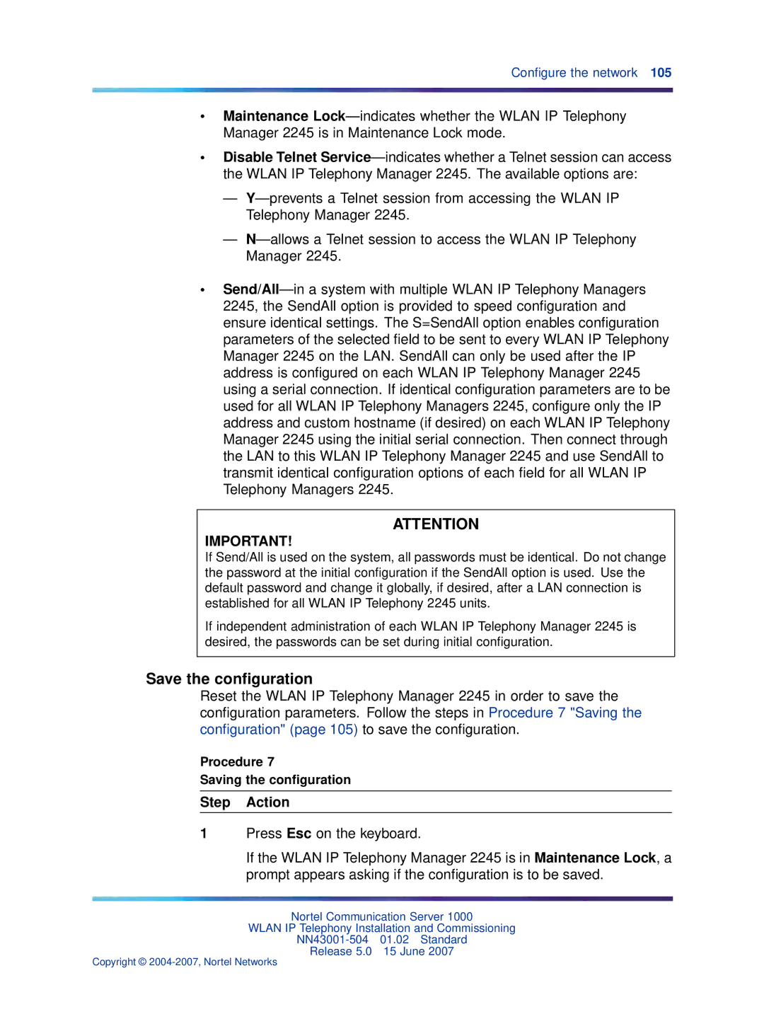 Nortel Networks NN43001-504 manual Save the conﬁguration, Procedure Saving the conﬁguration 