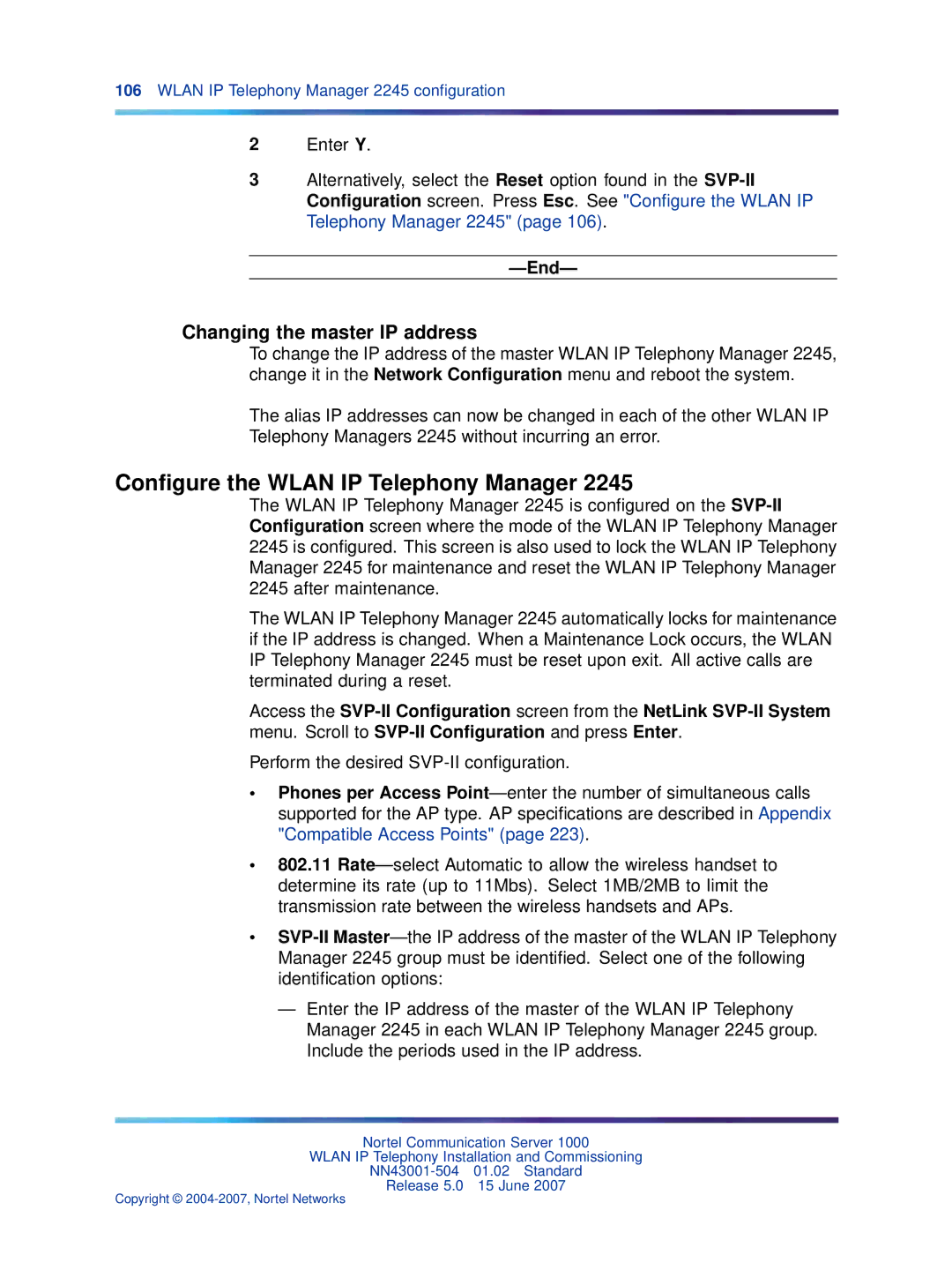 Nortel Networks NN43001-504 manual Conﬁgure the Wlan IP Telephony Manager, Changing the master IP address 