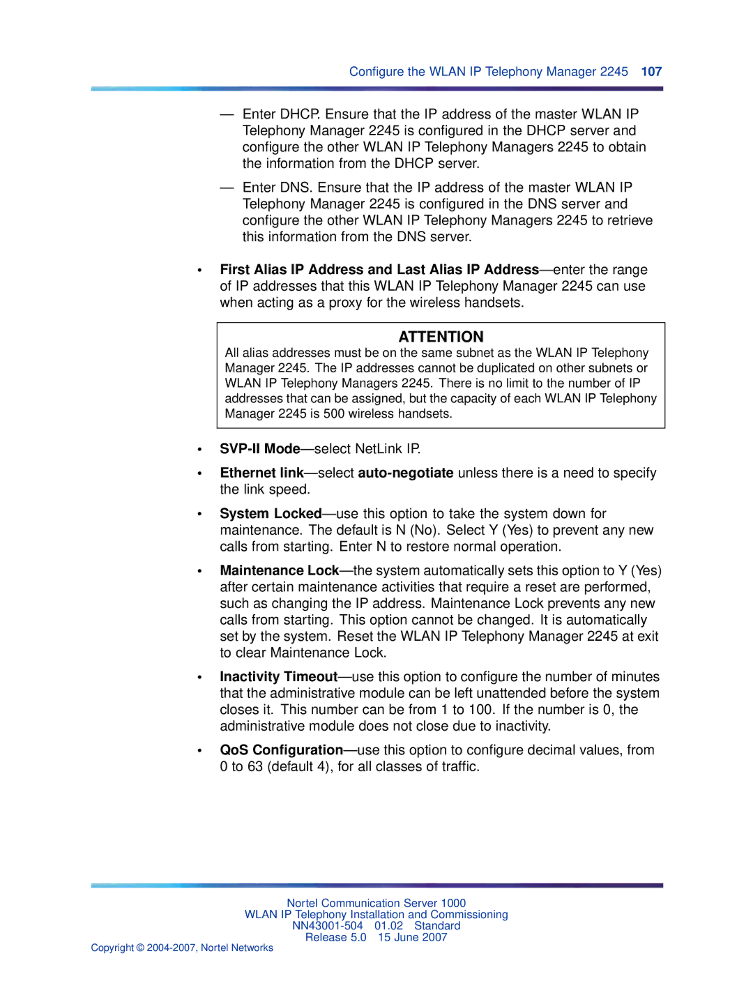 Nortel Networks NN43001-504 manual Conﬁgure the Wlan IP Telephony Manager 2245 