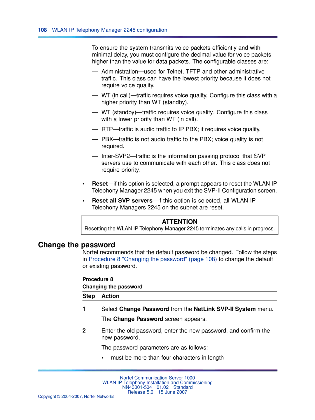 Nortel Networks NN43001-504 manual Change the password, Procedure Changing the password 