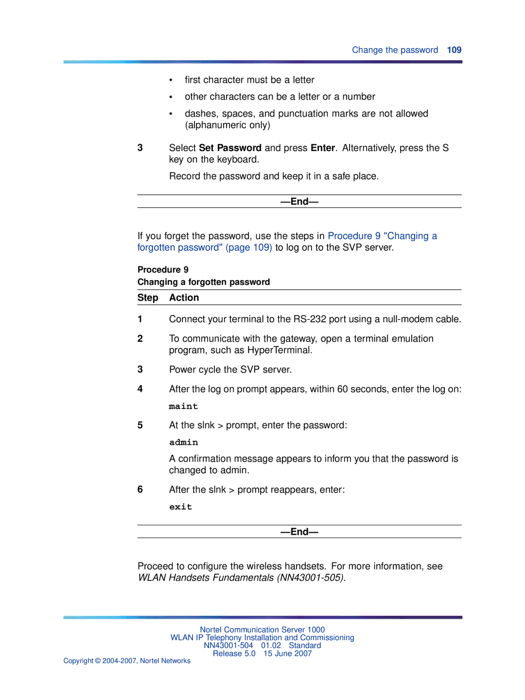 Nortel Networks NN43001-504 manual Procedure Changing a forgotten password 