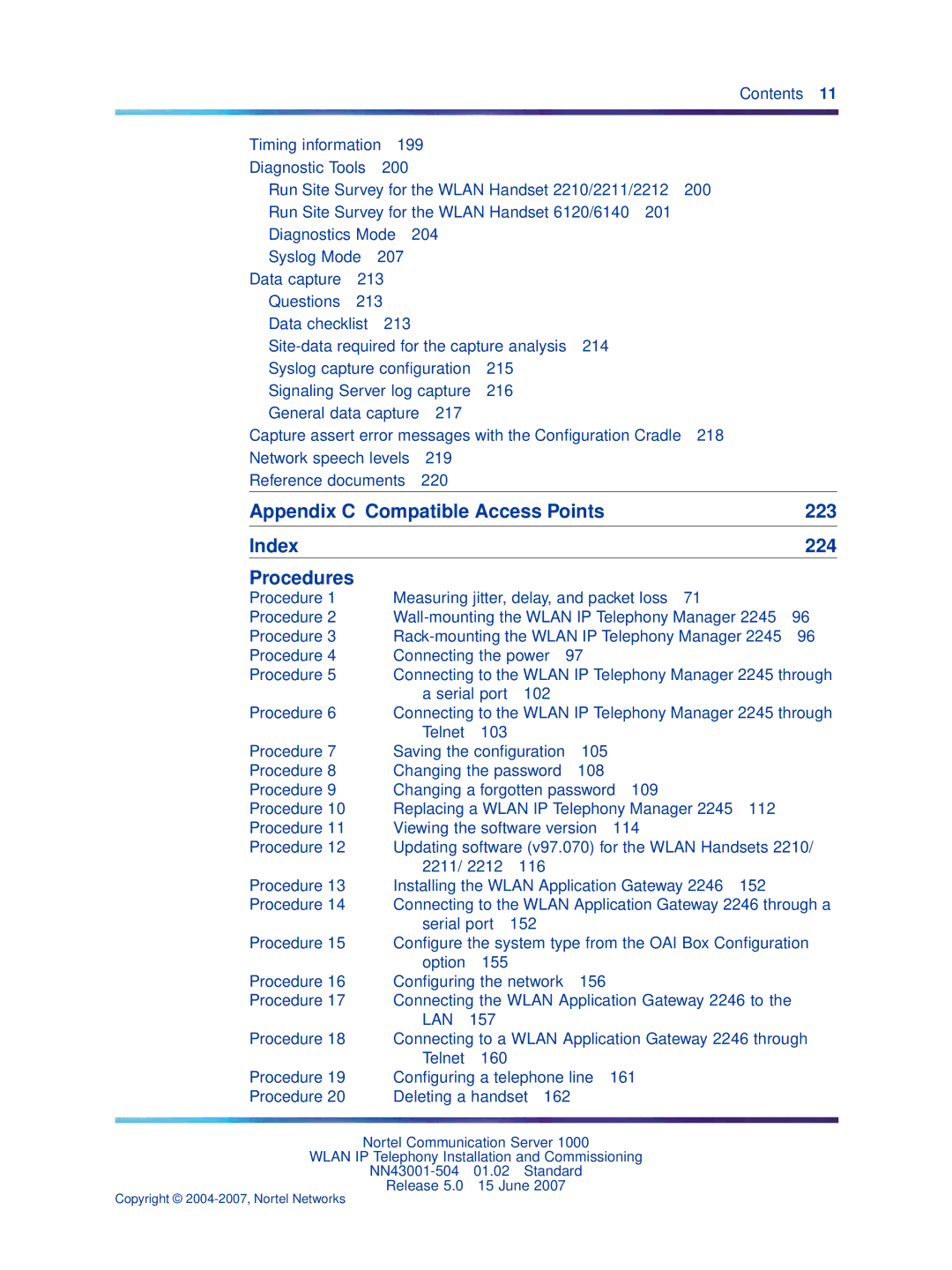 Nortel Networks NN43001-504 manual Appendix C Compatible Access Points 223 Index 224 Procedures 