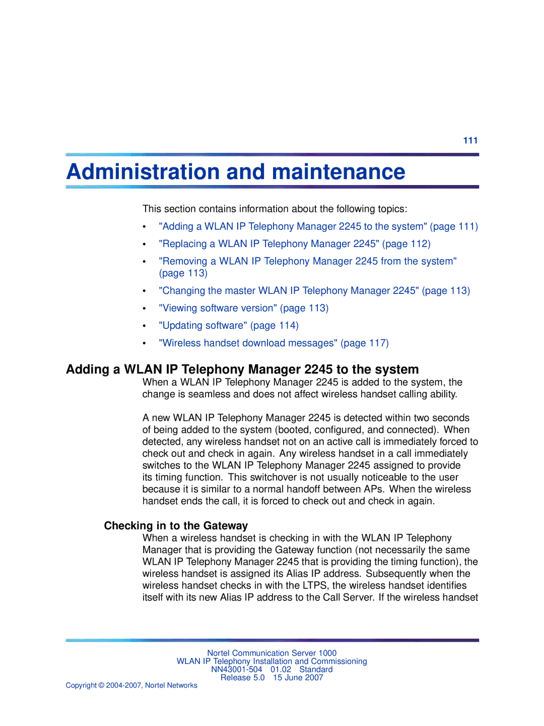 Nortel Networks NN43001-504 manual Administration and maintenance, Adding a Wlan IP Telephony Manager 2245 to the system 