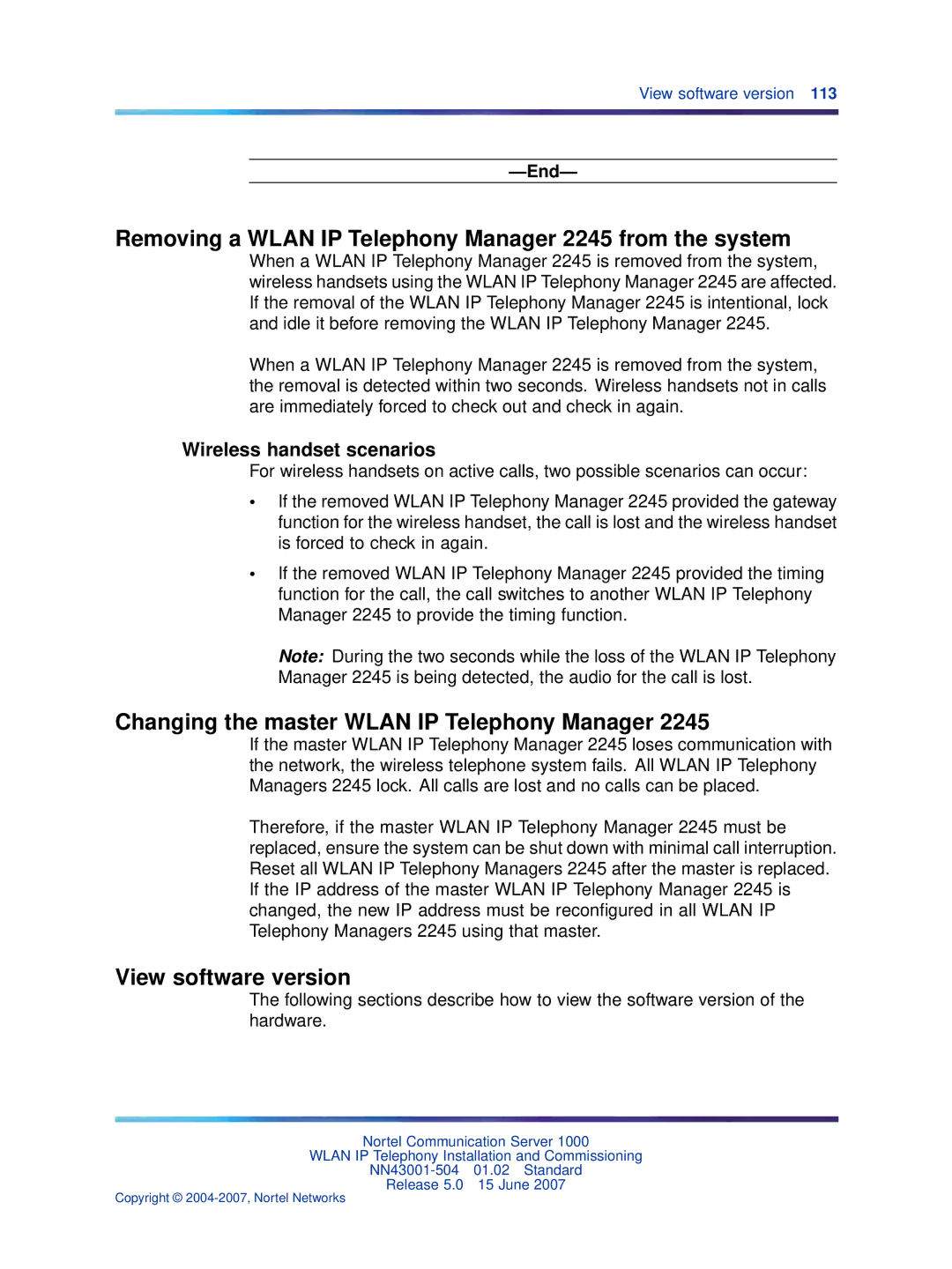 Nortel Networks NN43001-504 manual Removing a Wlan IP Telephony Manager 2245 from the system, View software version 