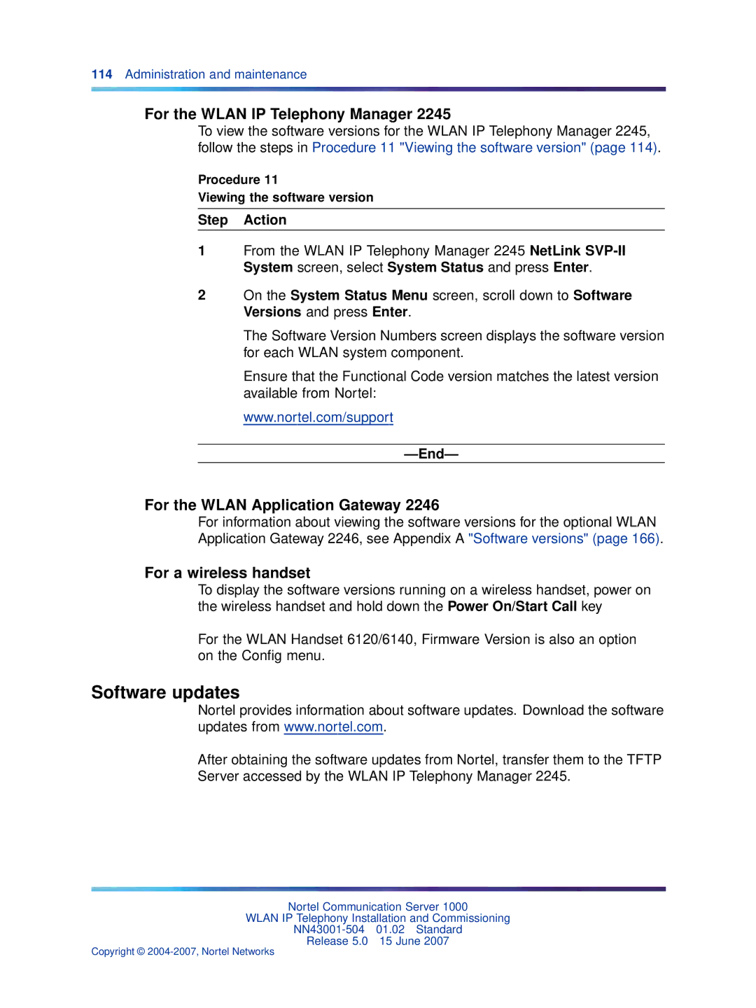 Nortel Networks NN43001-504 manual Software updates, For the Wlan IP Telephony Manager, For the Wlan Application Gateway 