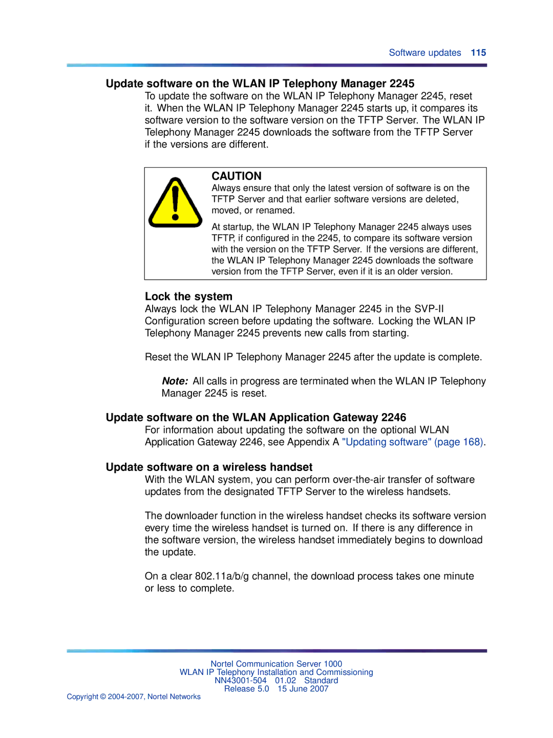 Nortel Networks NN43001-504 manual Update software on the Wlan IP Telephony Manager, Lock the system 