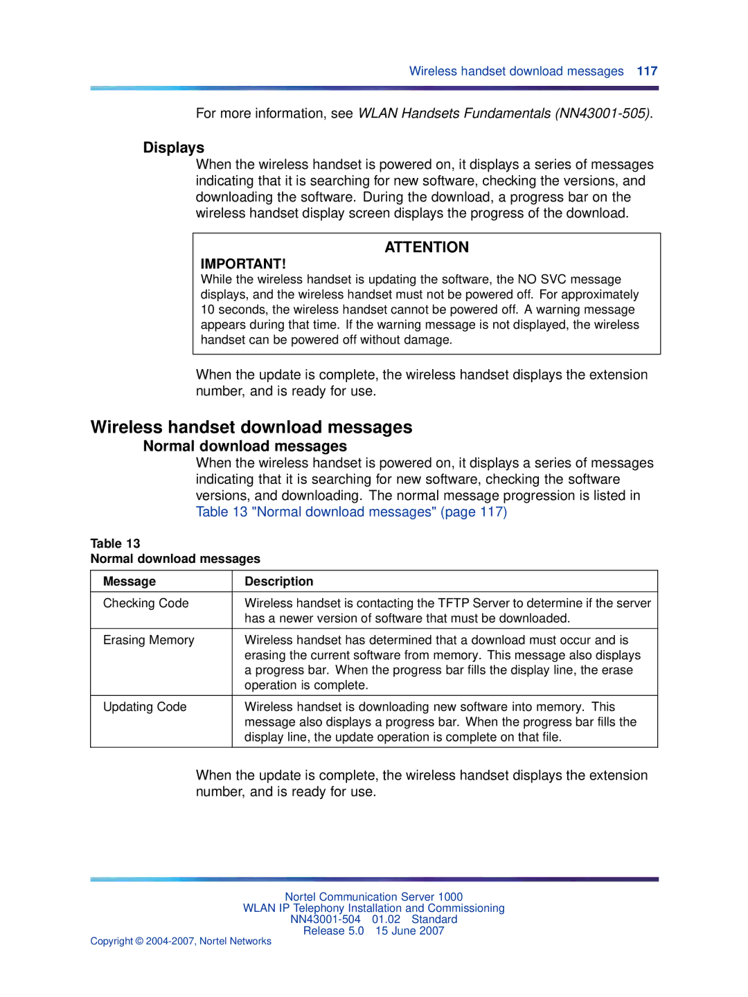 Nortel Networks NN43001-504 manual Wireless handset download messages, Displays, Normal download messages 