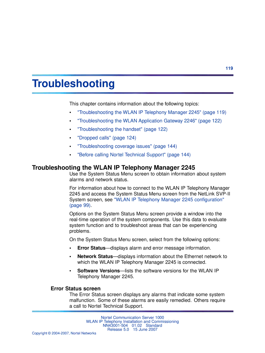 Nortel Networks NN43001-504 manual Troubleshooting the Wlan IP Telephony Manager, Error Status screen 