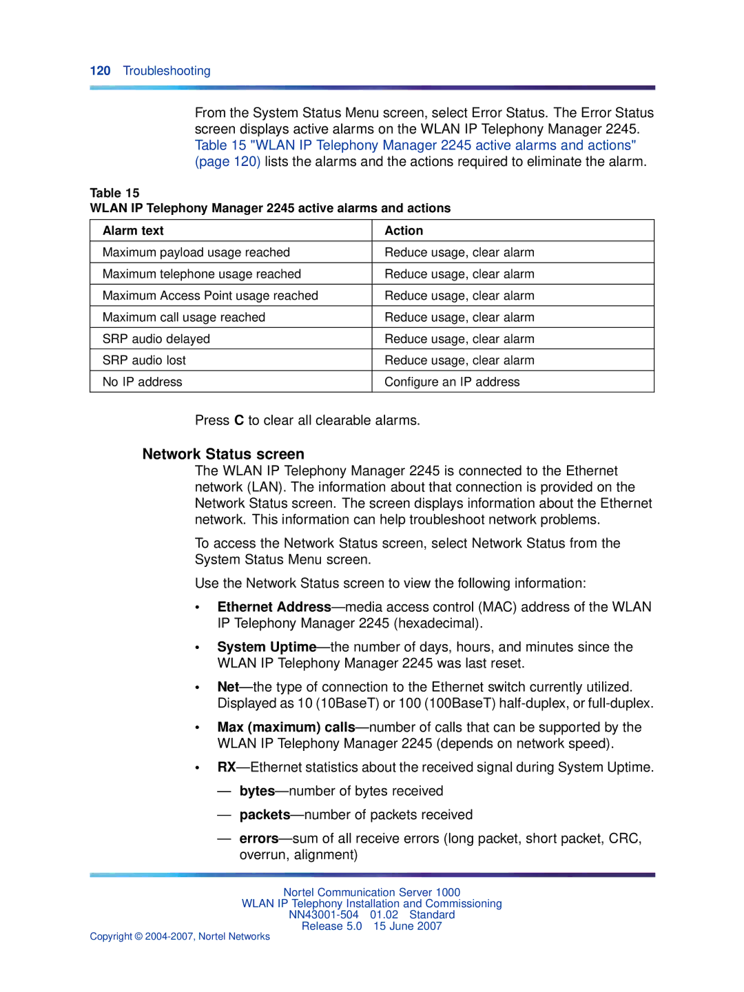 Nortel Networks NN43001-504 manual Network Status screen 