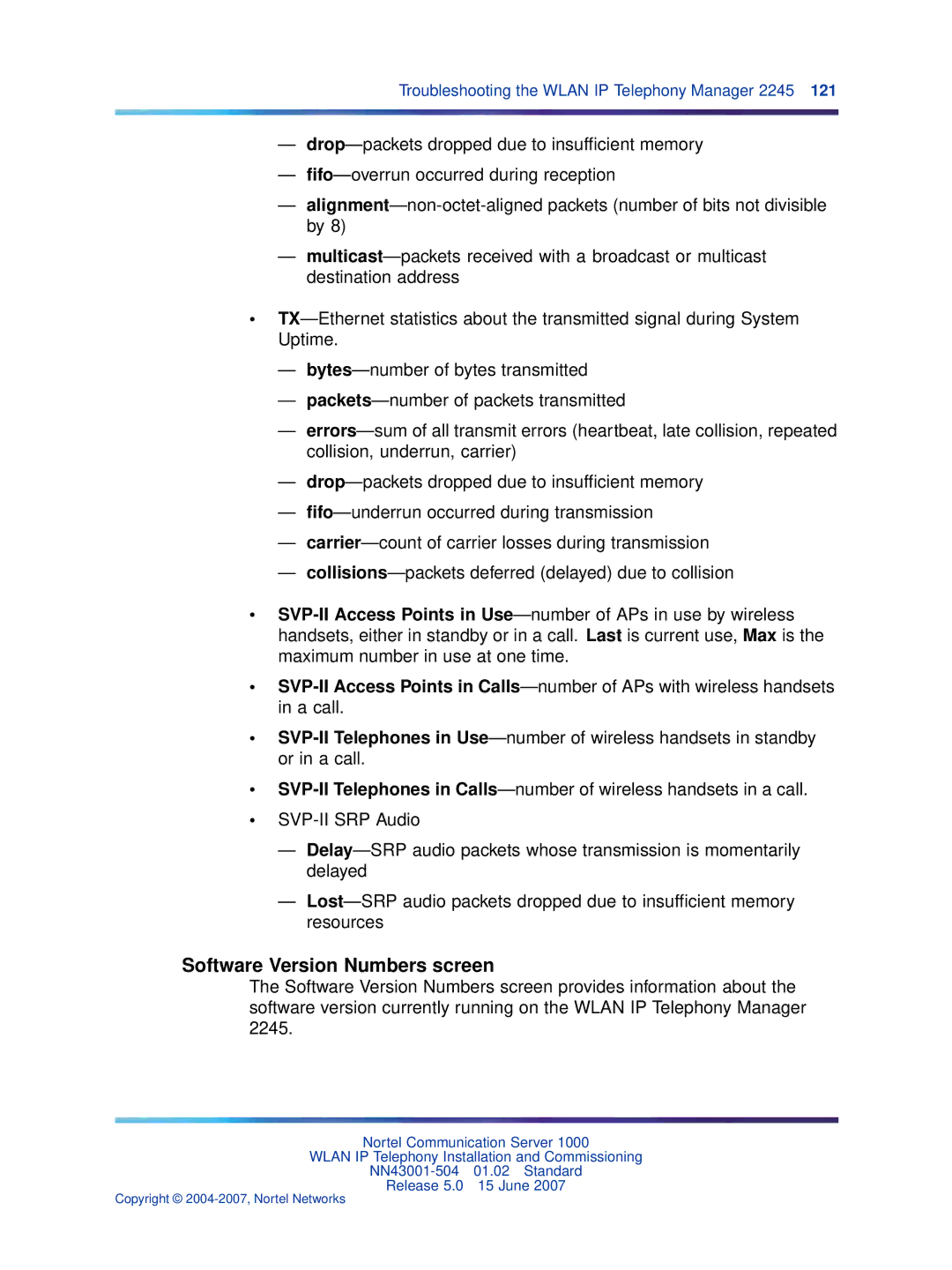 Nortel Networks NN43001-504 manual Software Version Numbers screen 