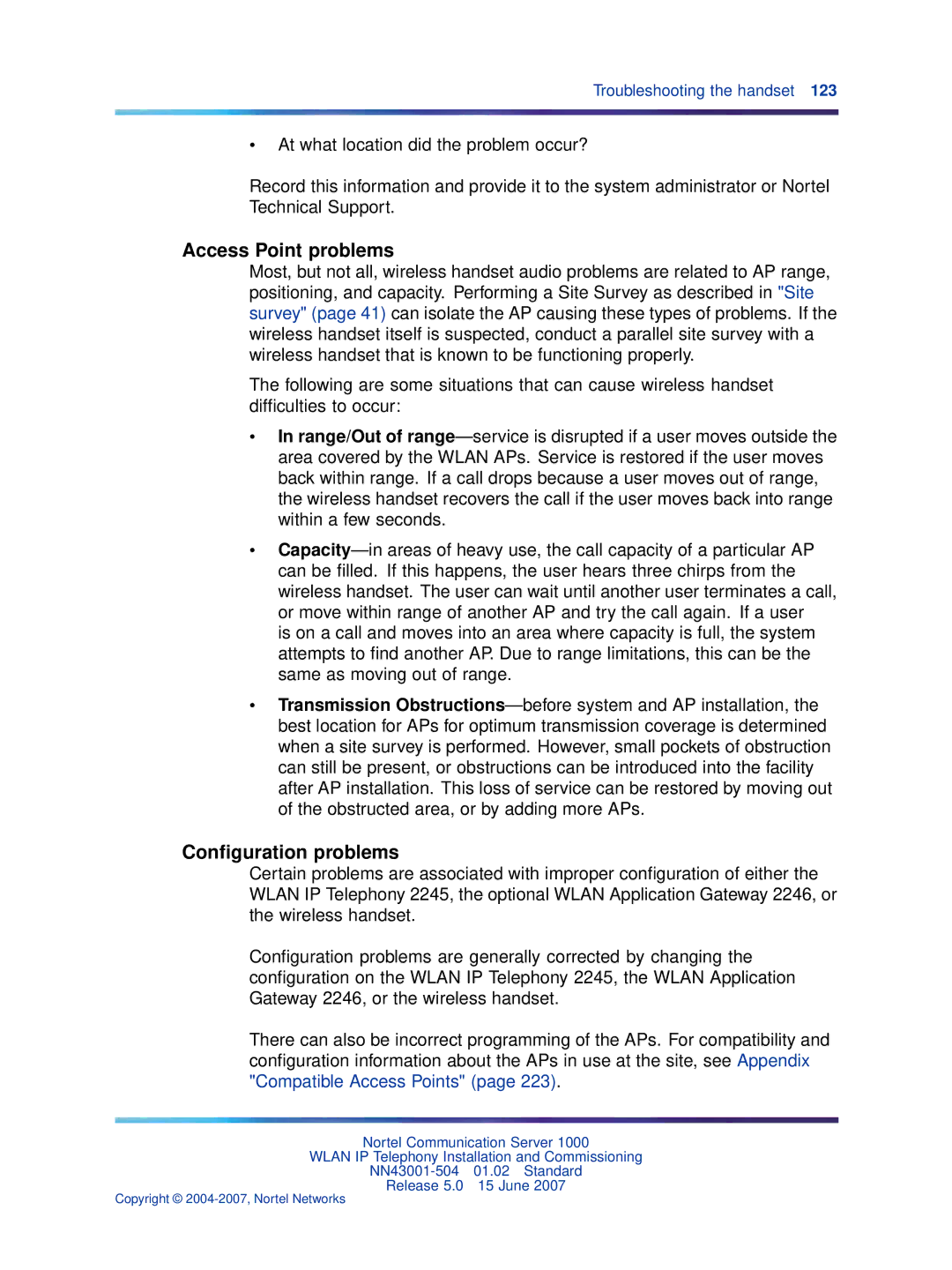 Nortel Networks NN43001-504 manual Access Point problems, Conﬁguration problems 