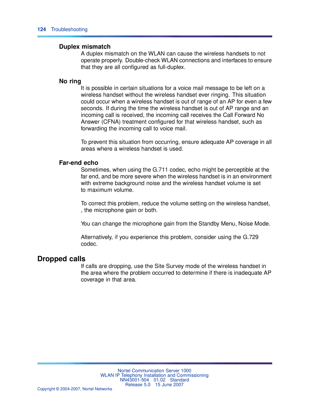 Nortel Networks NN43001-504 manual Dropped calls, Duplex mismatch, No ring, Far-end echo 