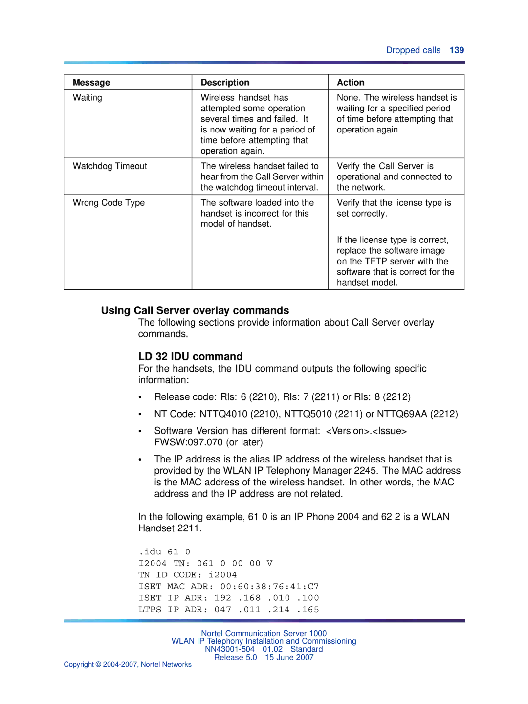 Nortel Networks NN43001-504 manual Using Call Server overlay commands, LD 32 IDU command 