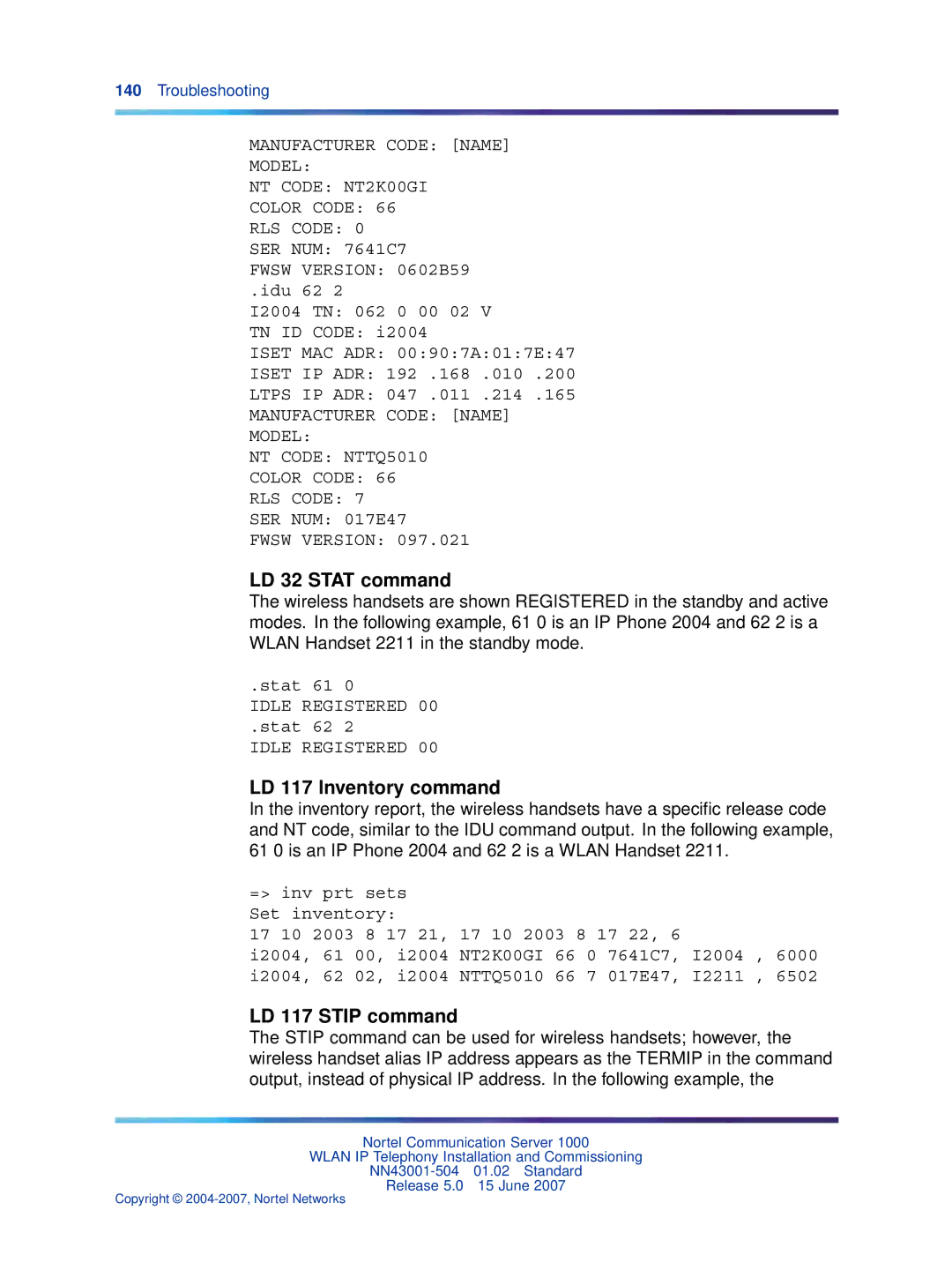 Nortel Networks NN43001-504 manual LD 32 Stat command, LD 117 Inventory command, LD 117 Stip command 